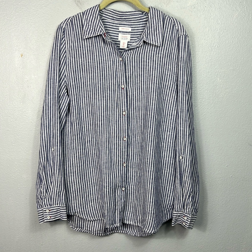 Sigrid Olsen Linen Blue & White Stripe Long Tab Sleeve Button Front Shirt Large